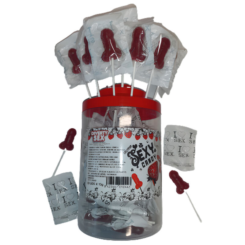 DIABLO PICANTE – 50 SUCETTE PÉNIS FRAISE ET CERISE (50 UNITÉS)