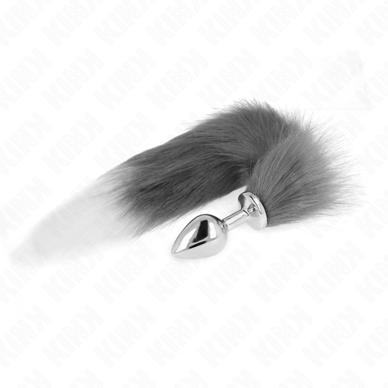 KINK – PLUG ANAL TAILLE M 8 X 3,5 CM AVEC QUEUE SYNTHÉTIQUE 40 CM GRIS ET BLANC