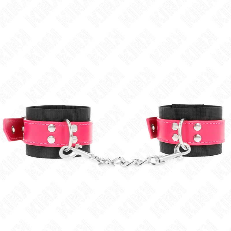 KINK – APPUI-POIGNETS EN NYLON NOIR AVEC CEINTURE EN CUIRETTE ROSE FRAMBOISE AJUSTABLE 19-29 CM X 5,1 CM