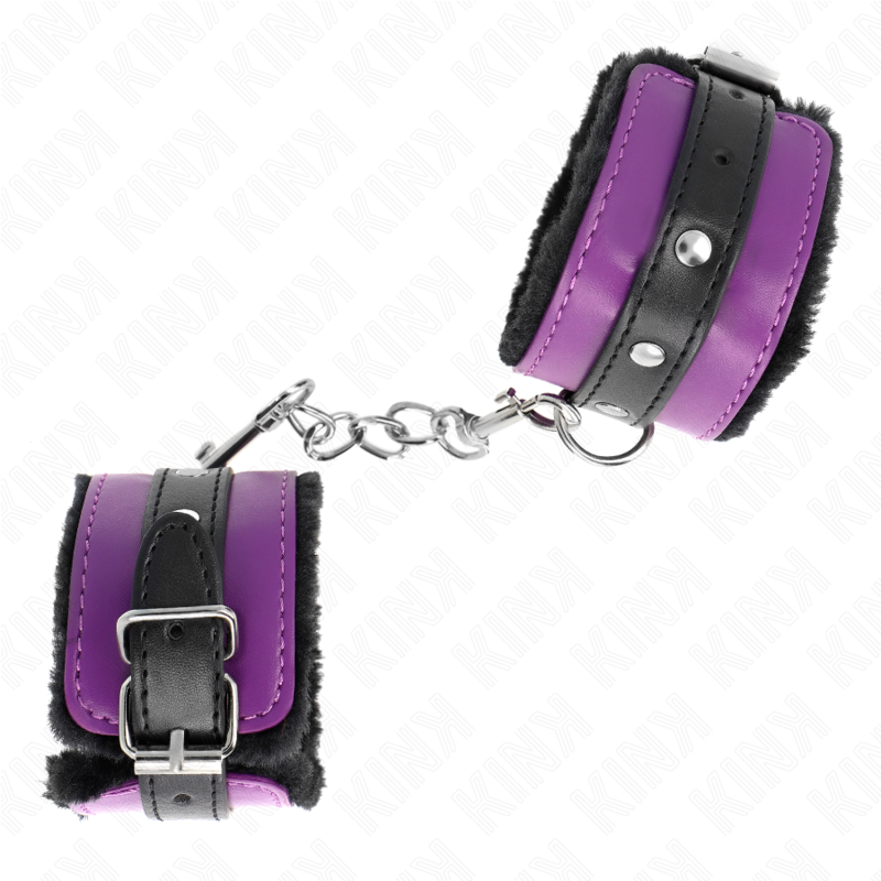 img_189372_e63119bf1c7a70e6bb3036148edf25ea_1.png KINK - APPUI-POIGNETS DOUBLÉS DE FOURRURE PREMIUM NOIR AVEC CEINTURE VIOLET / NOIRE RÉGLABLE 17-29 CM X 6 CM – Image 2